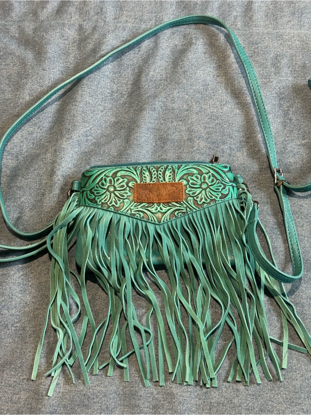 Wrangler Turquoise Floral Leather Tooled Fringe Crossbody Bag - Boho Chic